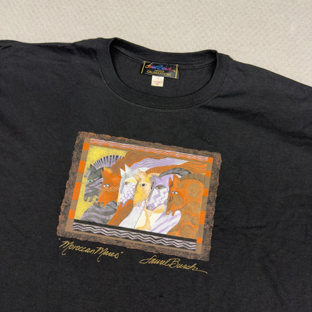 Vtg Laurel Burch Moroccan Mares Graphic Tee Black Cotton Womens 2X Horse Art 90s - Picture 3 of 7